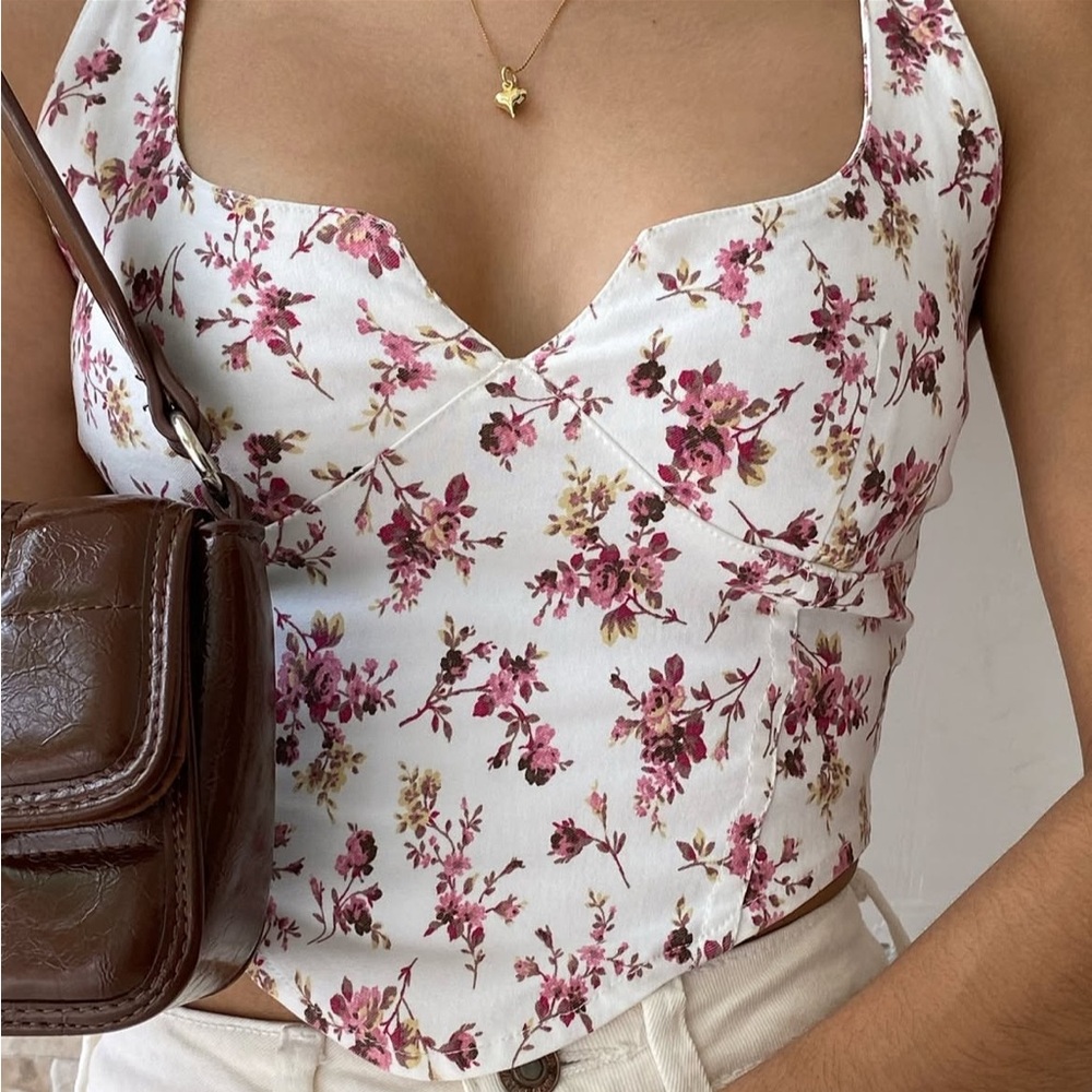 NWOT White with Pink Floral Corset Crop Top